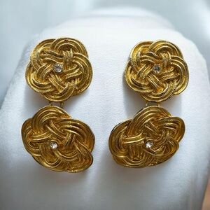 Vintage Gold Tone Floral Knot Drop Clip on Earrings